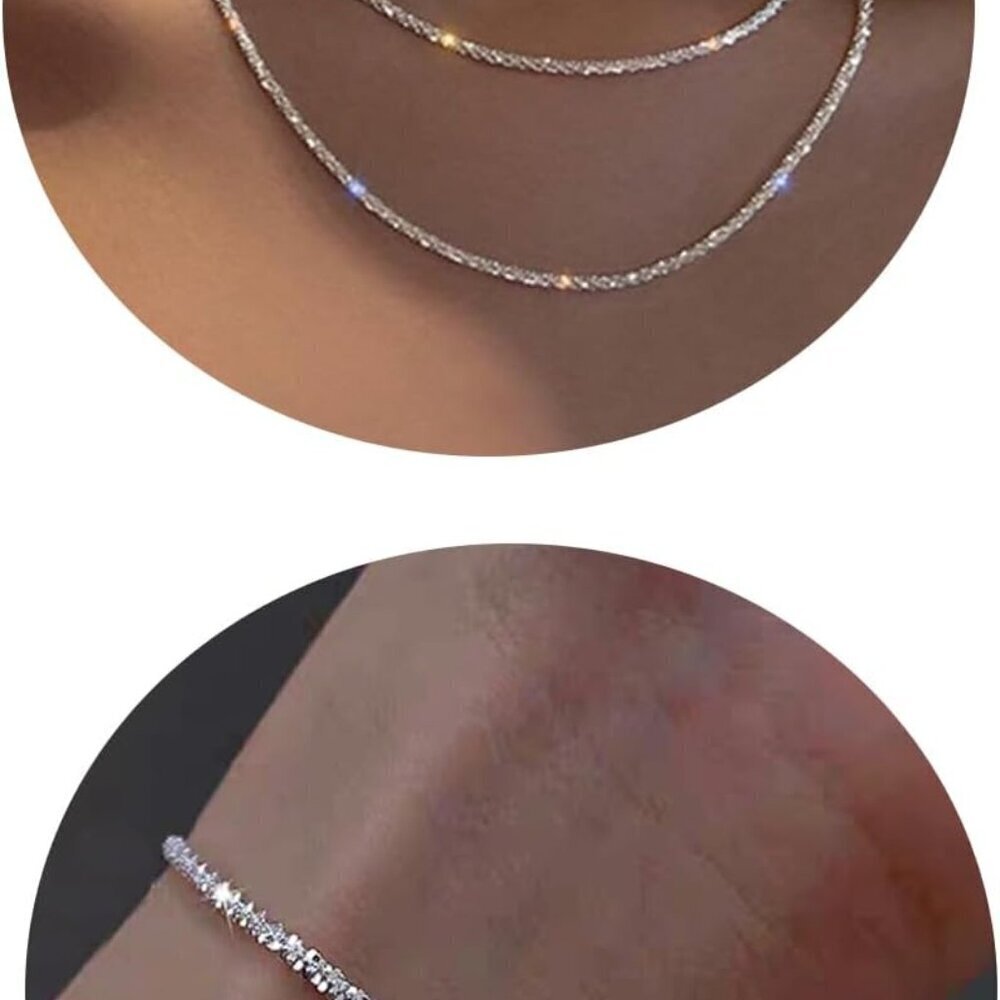 Silver Layered Necklaces and Bracelet Set Dainty Sterling Silver 925 Jewelry